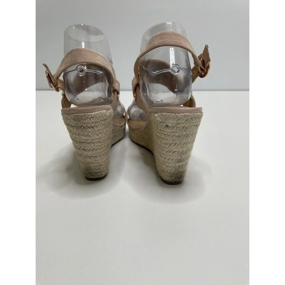 Open Toe Heal Sandals Shoes Beige Pink Espadrille Wedge Strap 7.5 Summer Wedding